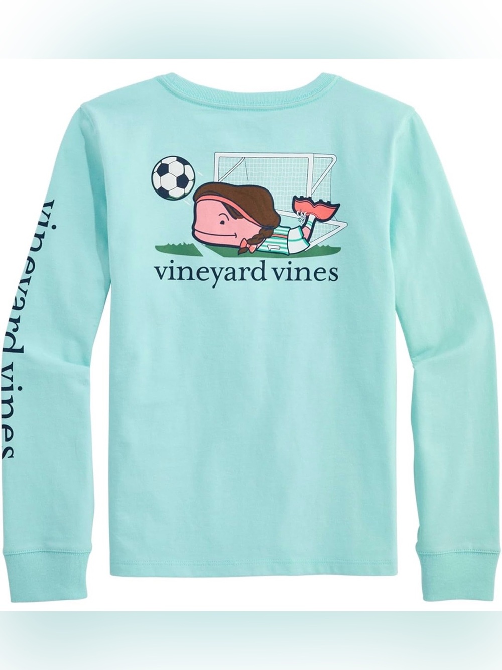 2T⚽️ Vineyard Vines Girls Soccer Player Whale Long-Sleeve Pocket Tee Aqua Haze
